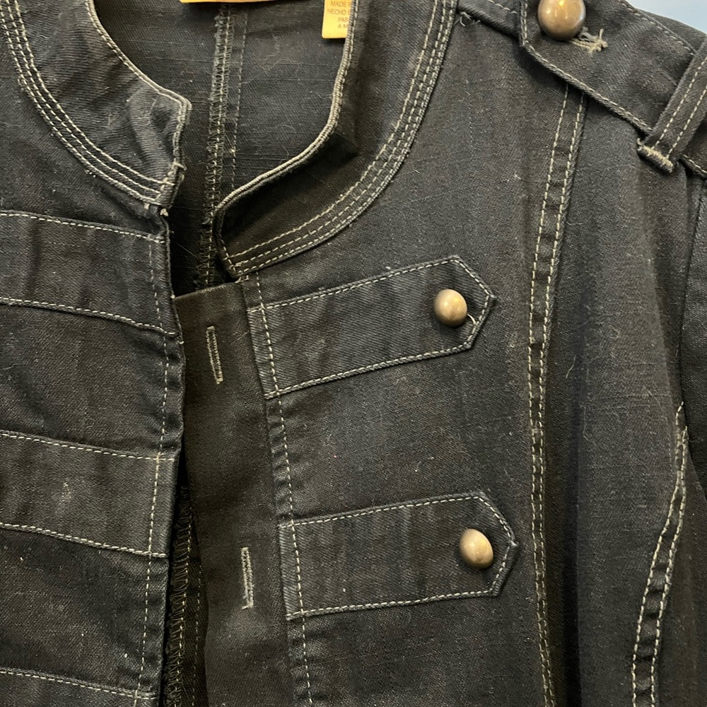 DKNY dark denim Military-Inspired Blazer with silvertone buttons sz L - Picture 2 of 8